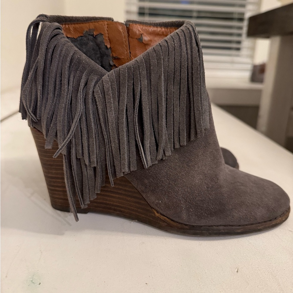 Lucky Brand Fringe Suede Wedge Booties - Gray